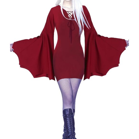Dresses & Skirts - Women's Red Halloween Long Wide Sleeves Addams Costume Wrap Gothic Witch Dress